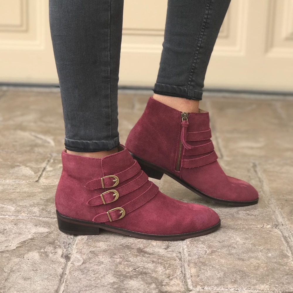 MIB Wine Genuine Suede Triple Buckle Ankle Boots - Picture 2 of 8